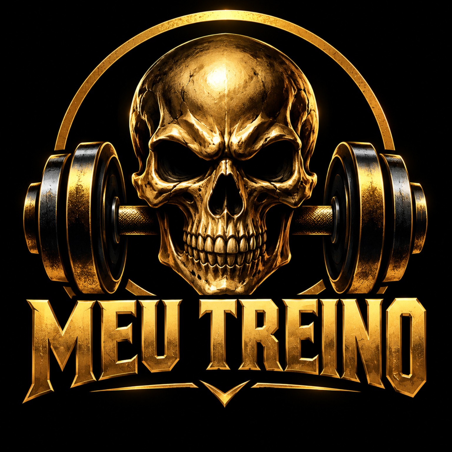 Caveira dourada com halteres e texto Meu Treino